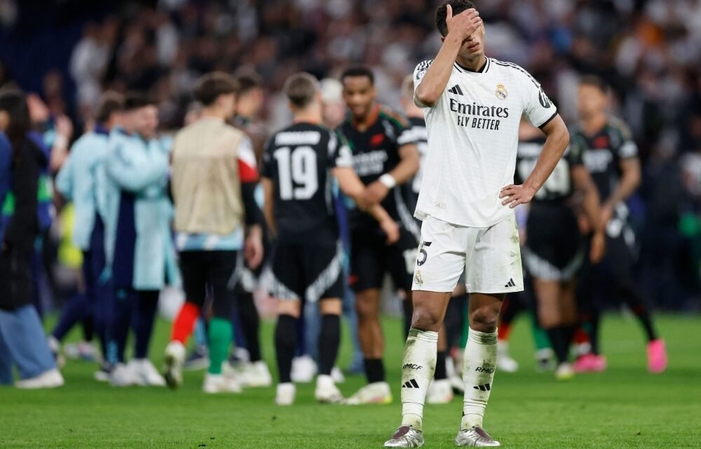 Real Madrid's English midfielder Jude Bellingham reacts at the end of the UEFA Champions League quarter final second leg football match with Arsenal at Santiago Bernabeu Stadium in Madrid on April 16, 2025. — AFP pic