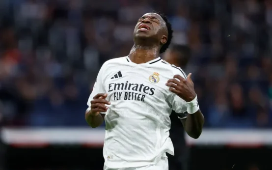Real Madrid's Vinicius Junior reacts to another missed penalty during the defeat by Valencia